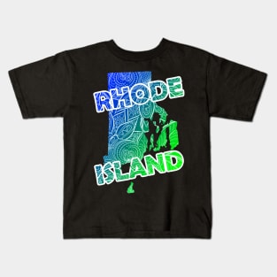 Colorful mandala art map of Rhode Island with text in blue and green Kids T-Shirt